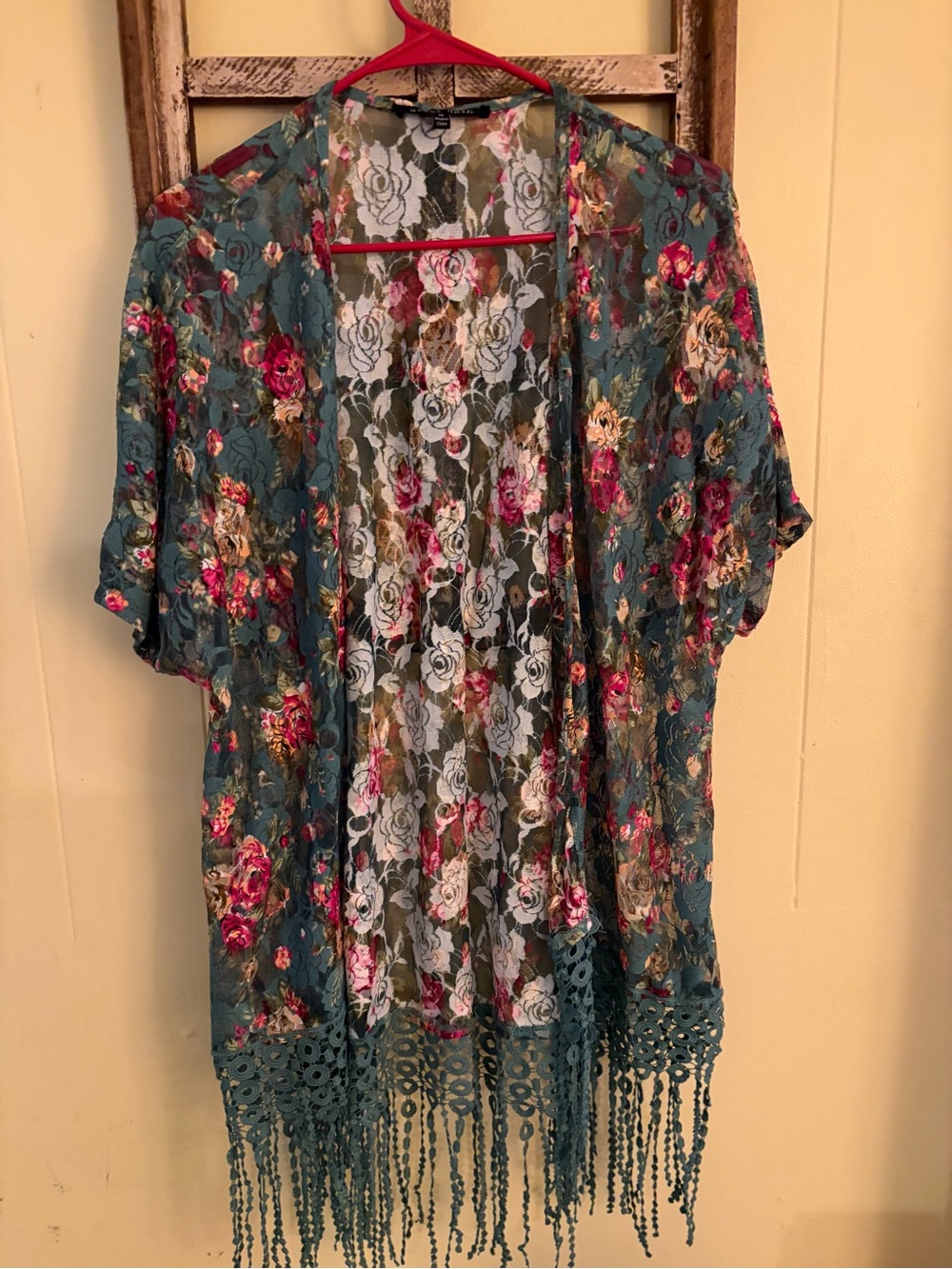 Sweet Rain Teal Lace Floral Kimono with Pink Rose Accents
